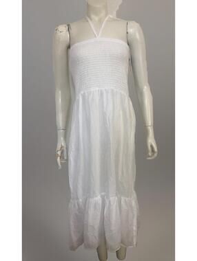 New Shade Shore Womens Medium White Dress Cover up Elastic Smocking Tie Neck